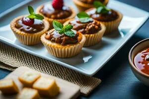 mini cupcakes with chocolate and mint on a plate. AI-Generated photo