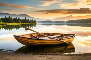 un barco en el lago a puesta de sol. generado por ai foto