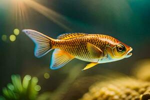 un pescado nadando en un acuario con luz de sol. generado por ai foto