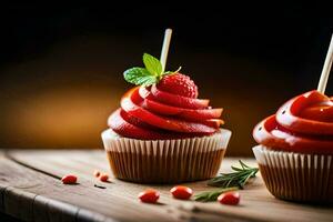 two cupcakes with strawberries and mint on top. AI-Generated photo