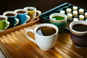 a tray of coffee cups and a tray of tea cups. AI-Generated photo
