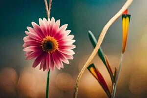 a pink flower is standing in front of a green plant. AI-Generated photo