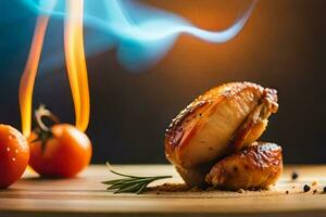 grilled chicken on a wooden cutting board with smoke. AI-Generated photo