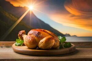 chicken on a wooden table with sunset in the background. AI-Generated photo