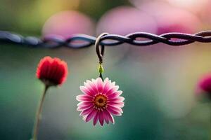 a pink flower is hanging from a barbed wire fence. AI-Generated photo