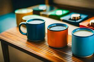 Tres vistoso café tazas sentar en un de madera mesa. generado por ai foto