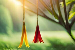 two colorful tassels hanging from a tree. AI-Generated photo