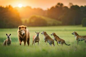 un león y su cachorros en el césped a puesta de sol. generado por ai foto