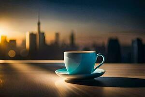 coffee cup on the table with cityscape in the background. AI-Generated photo