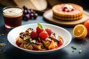 a plate of food with fruit and vegetables. AI-Generated photo
