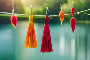 colorful tassels hanging from a tree branch. AI-Generated photo