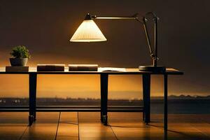 un escritorio lámpara es en un mesa en frente de un ventana. generado por ai foto