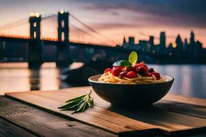 a bowl of pasta with a view of the brooklyn bridge. AI-Generated photo
