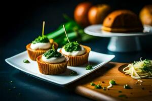 small cupcakes with cheese and green sauce on a plate. AI-Generated photo