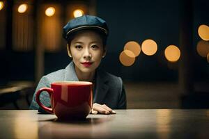 a woman in a hat sits at a table with a red cup. AI-Generated photo