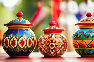 three colorful pots with designs on them. AI-Generated photo