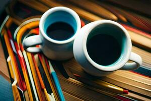 dos café tazas en un mesa con libros. generado por ai foto