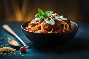 chicken noodle with spicy sauce and vegetables in a bowl. AI-Generated photo