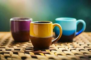 three colorful coffee cups on a woven table. AI-Generated photo