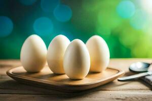 eggs on a wooden tray with a spoon and fork. AI-Generated photo