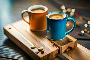 two coffee cups on a wooden tray. AI-Generated photo