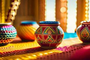 colorful vases on a table with a bright light. AI-Generated photo