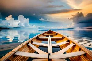 un barco es flotante en el agua con un nublado cielo. generado por ai foto