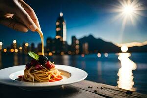 a hand is holding a plate of spaghetti with a view of the city. AI-Generated photo