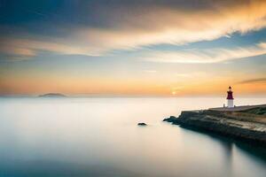 a lighthouse stands on the shore of the ocean at sunset. AI-Generated photo