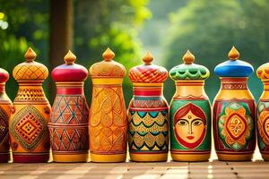 colorful wooden vases with painted faces. AI-Generated photo