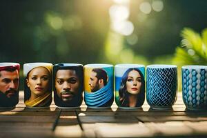a row of coffee cups with different images on them. AI-Generated photo