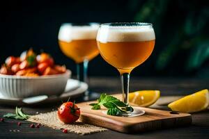 two glasses of beer with tomatoes and lemon. AI-Generated photo