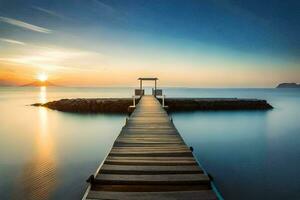 a wooden pier stretches out into the ocean at sunset. AI-Generated photo