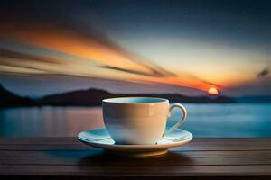 el taza de café, amanecer, el mar, el cielo, hd fondo de pantalla. generado por ai foto