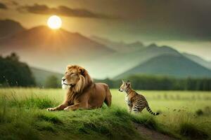 the lion and tiger are sitting on the grass in front of the sun. AI-Generated photo