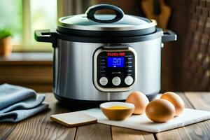 an instant pot with eggs and a knife on a table. AI-Generated photo