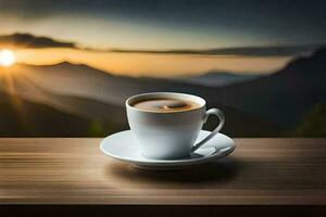 coffee cup on the table, the mountains, sunrise, sunrise, the mountains, the sunrise. AI-Generated photo