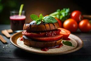 a plate with a sandwich and tomatoes. AI-Generated photo