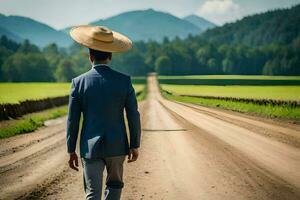 a man in a suit and hat walks down a dirt road. AI-Generated photo