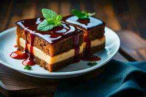 a piece of cake with chocolate sauce and mint leaves. AI-Generated photo