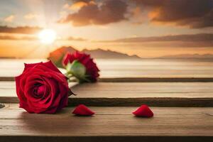 two red roses on a wooden table with the sun setting behind them. AI-Generated photo