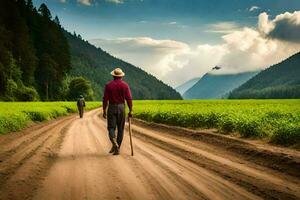 a man walking down a dirt road with a cane. AI-Generated photo