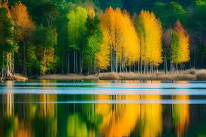 autumn trees are reflected in the water. AI-Generated photo