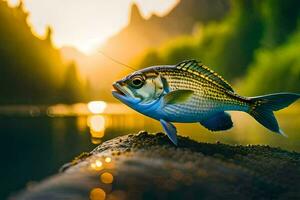 a fish is standing on a rock in front of a river. AI-Generated photo
