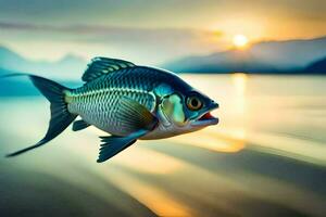 a fish is flying over the water at sunset. AI-Generated photo