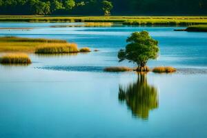 a lone tree in the middle of a lake. AI-Generated photo