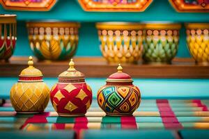 colorful vases on a table with colorful designs. AI-Generated photo