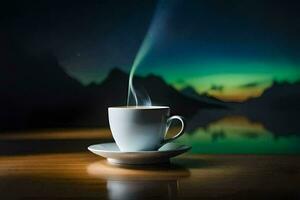 a cup of coffee with a beautiful aurora in the background. AI-Generated photo