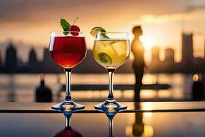 two glasses of cocktails with a sunset in the background. AI-Generated photo