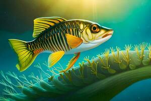 fish in the ocean with a green plant. AI-Generated photo